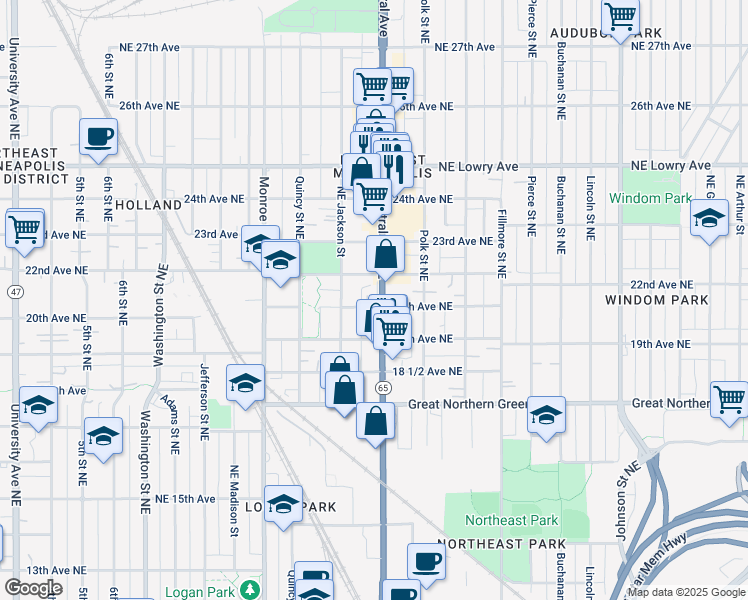 map of restaurants, bars, coffee shops, grocery stores, and more near 2000 Central Avenue Northeast in Minneapolis