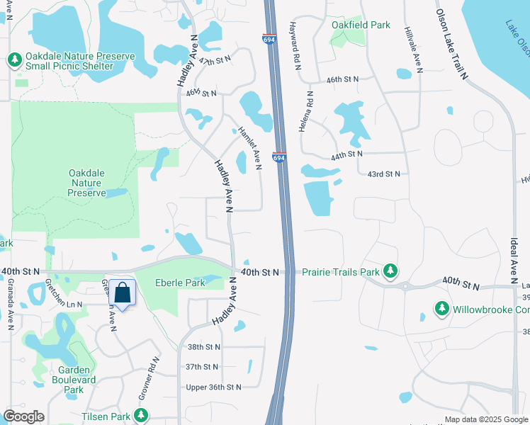 map of restaurants, bars, coffee shops, grocery stores, and more near 7227 Upper 42nd Street North in Saint Paul