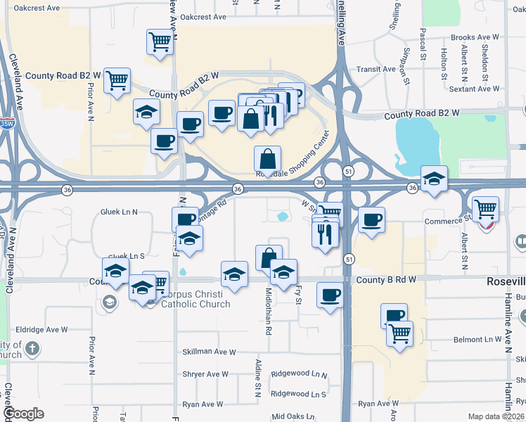 map of restaurants, bars, coffee shops, grocery stores, and more near 1620 South Highway 36 Service Drive in Roseville