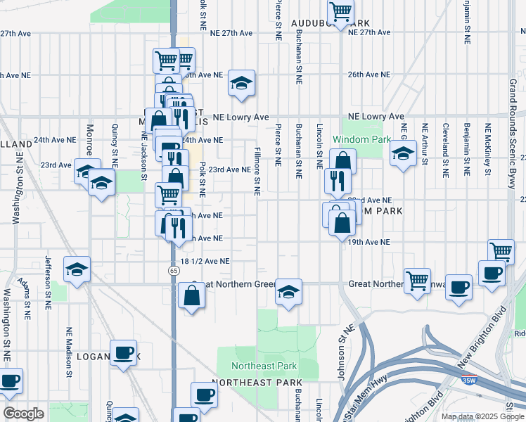 map of restaurants, bars, coffee shops, grocery stores, and more near 1940 Pierce Street Northeast in Minneapolis