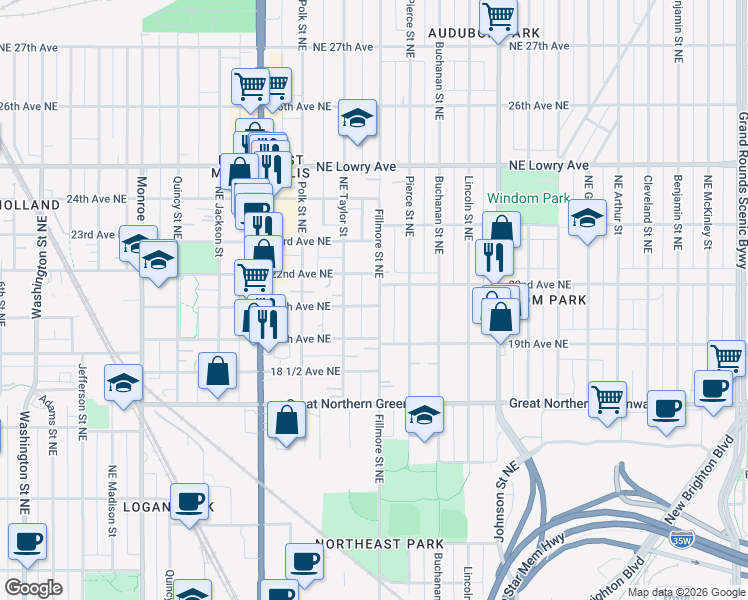 map of restaurants, bars, coffee shops, grocery stores, and more near 1115 20th Avenue Northeast in Minneapolis
