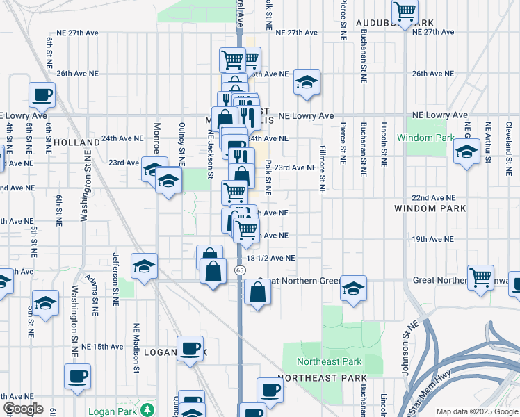 map of restaurants, bars, coffee shops, grocery stores, and more near 957 20th Avenue Northeast in Minneapolis