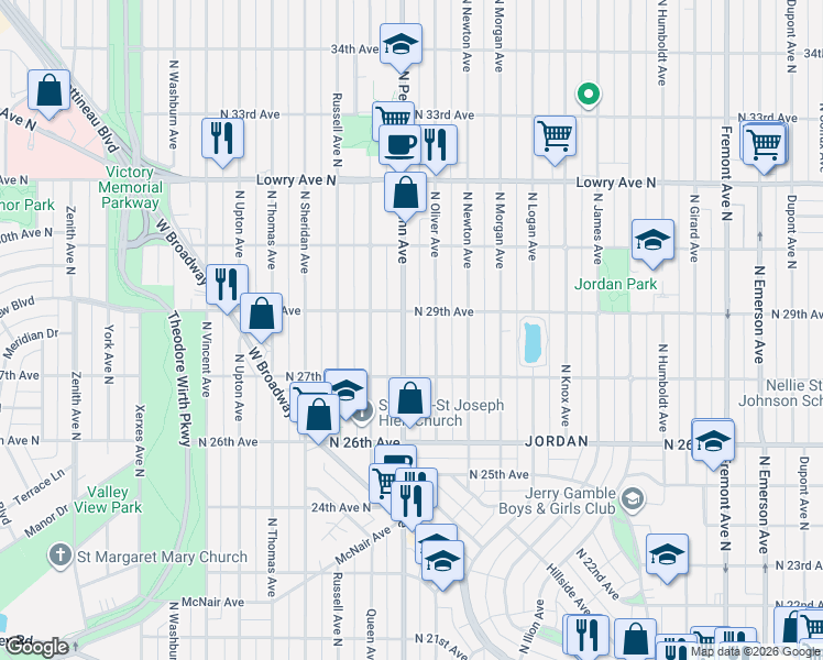 map of restaurants, bars, coffee shops, grocery stores, and more near 2811 North Oliver Avenue in Minneapolis