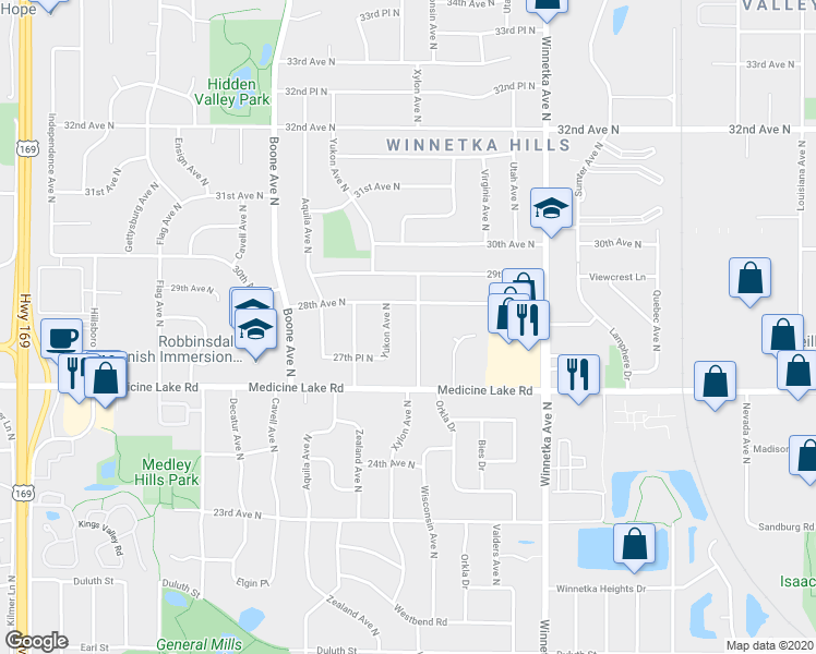 map of restaurants, bars, coffee shops, grocery stores, and more near 2741 Xylon Avenue North in Minneapolis