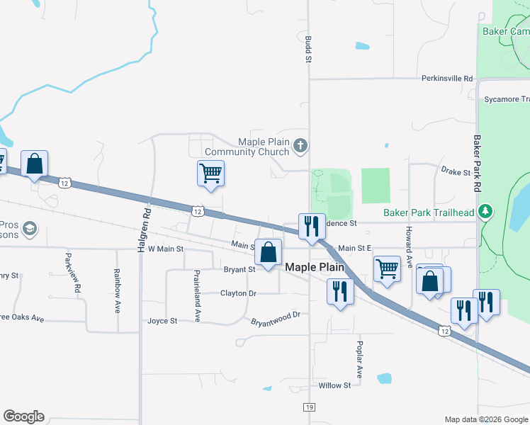 map of restaurants, bars, coffee shops, grocery stores, and more near 5300 U S Highway No 12 in Maple Plain