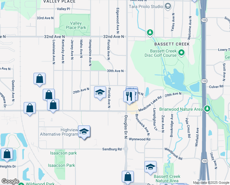 map of restaurants, bars, coffee shops, grocery stores, and more near 2801 Douglas Drive North in Minneapolis