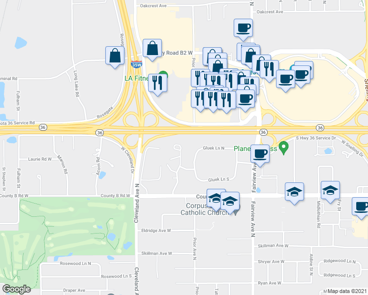 map of restaurants, bars, coffee shops, grocery stores, and more near 2234 Ferris Lane in Roseville