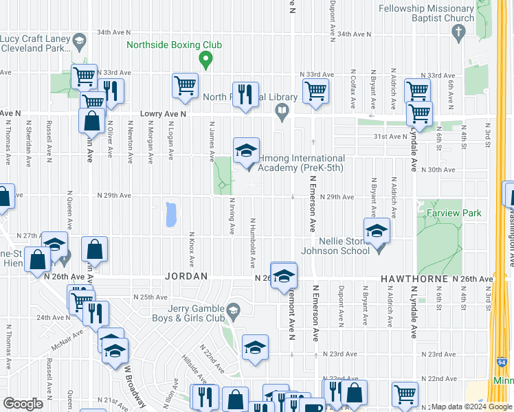 map of restaurants, bars, coffee shops, grocery stores, and more near 2816 Humboldt Avenue North in Minneapolis