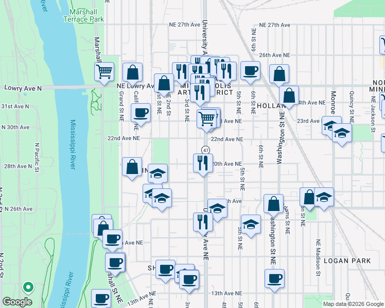 map of restaurants, bars, coffee shops, grocery stores, and more near 2011 3rd Street Northeast in Minneapolis