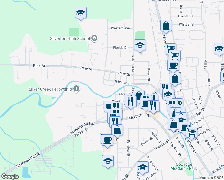 map of restaurants, bars, coffee shops, grocery stores, and more near 1203 Maple Street in Silverton