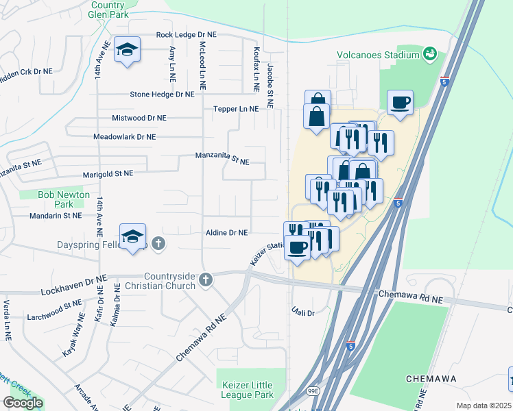 map of restaurants, bars, coffee shops, grocery stores, and more near 2373 Northtree Court Northeast in Keizer