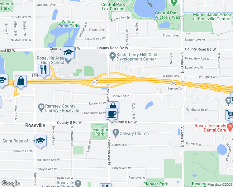 map of restaurants, bars, coffee shops, grocery stores, and more near 1075 Sherren Street West in Roseville