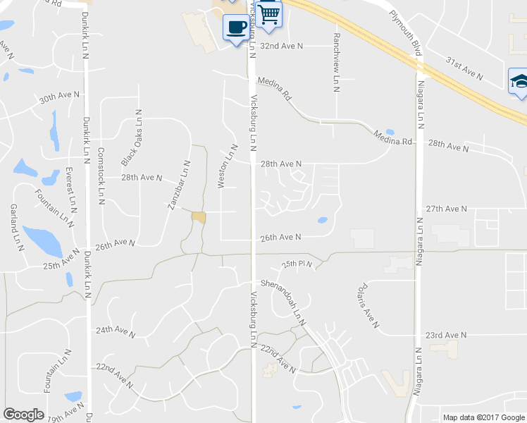 map of restaurants, bars, coffee shops, grocery stores, and more near 15857 27th Avenue North in Plymouth