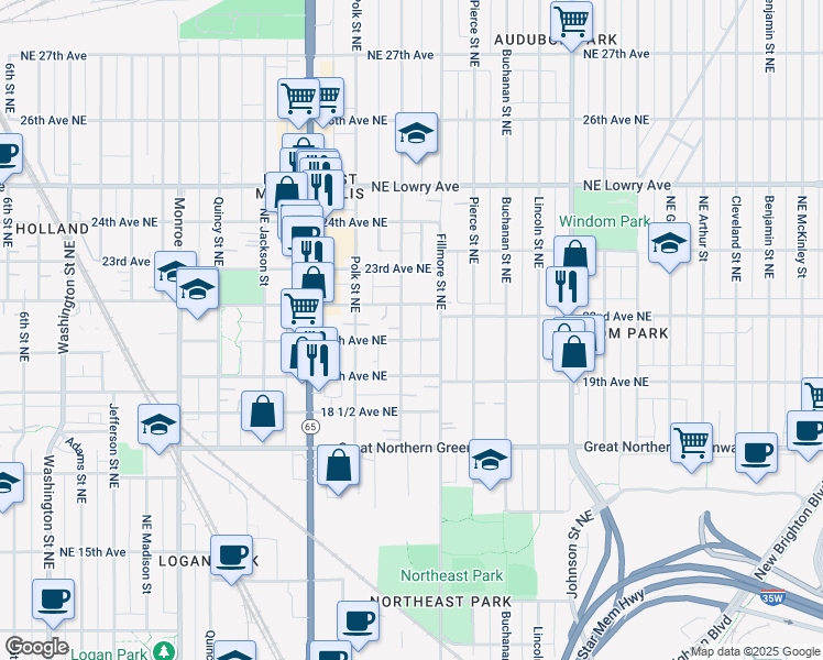 map of restaurants, bars, coffee shops, grocery stores, and more near 1115 20th Avenue Northeast in Minneapolis