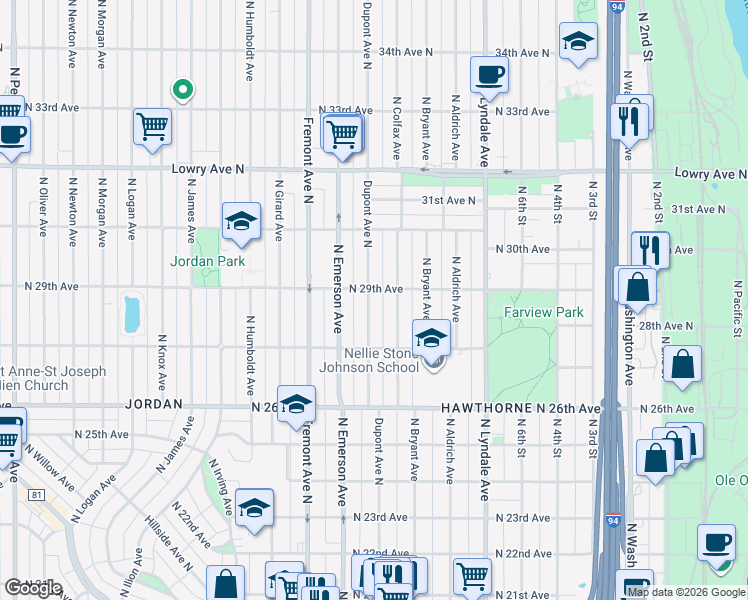 map of restaurants, bars, coffee shops, grocery stores, and more near 2812 Dupont Avenue North in Minneapolis