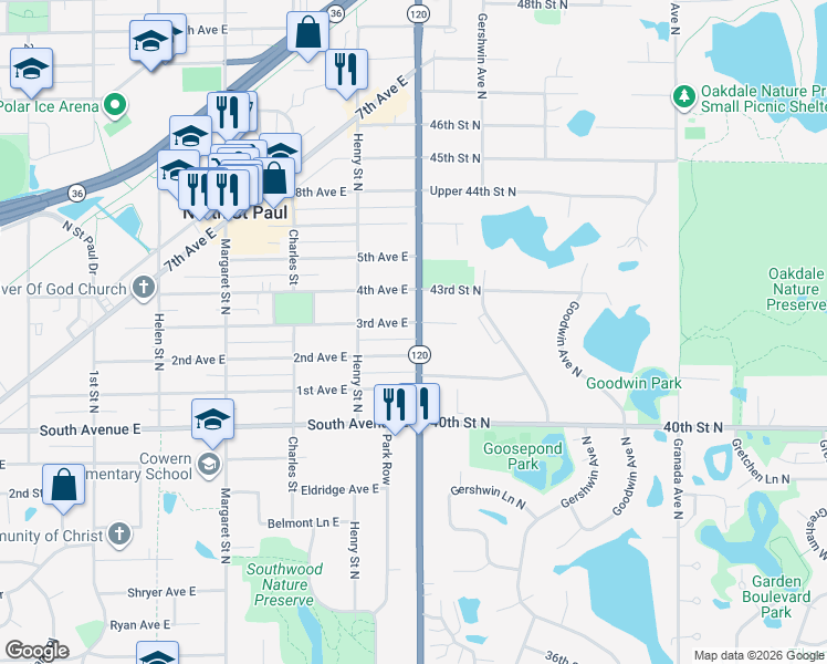 map of restaurants, bars, coffee shops, grocery stores, and more near 2736 3rd Avenue East in North St. Paul
