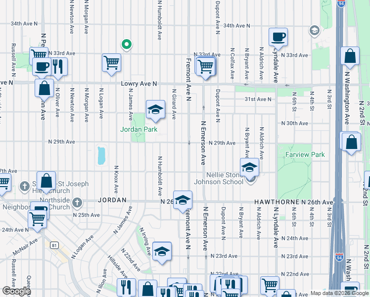 map of restaurants, bars, coffee shops, grocery stores, and more near 2810 North Fremont Avenue in Minneapolis