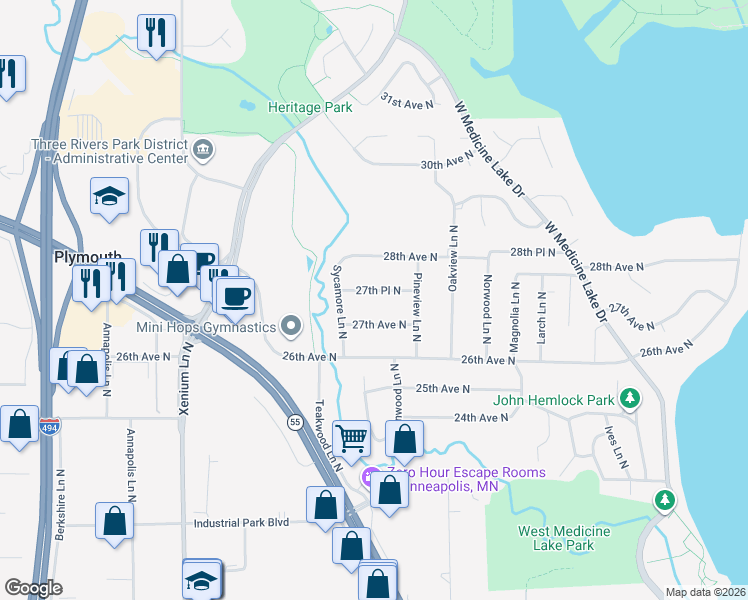 map of restaurants, bars, coffee shops, grocery stores, and more near 12805 27th Place North in Minneapolis