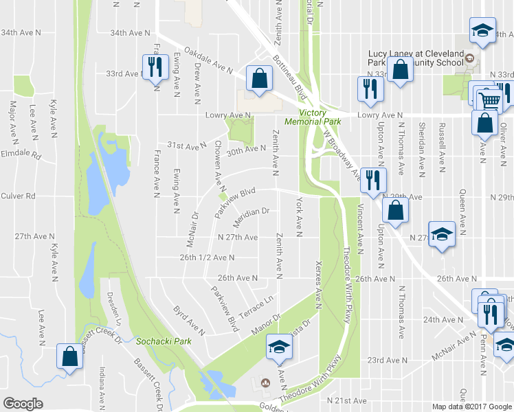 map of restaurants, bars, coffee shops, grocery stores, and more near 3330 Meridian Drive in Minneapolis