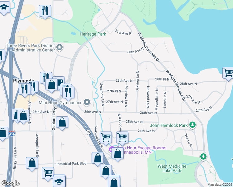 map of restaurants, bars, coffee shops, grocery stores, and more near 12805 27th Place North in Minneapolis