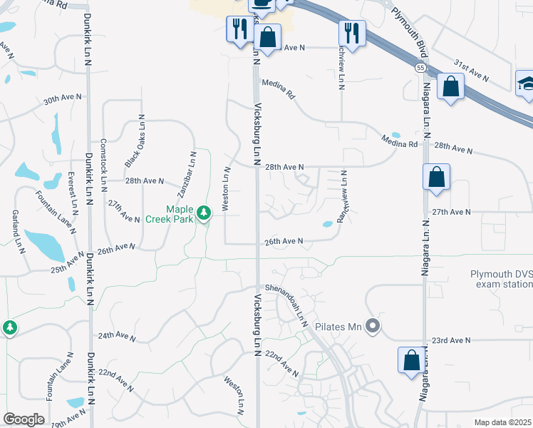map of restaurants, bars, coffee shops, grocery stores, and more near 15861 27th Avenue North in Minneapolis