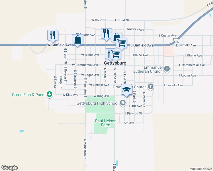 map of restaurants, bars, coffee shops, grocery stores, and more near 301 South Main Street in Gettysburg