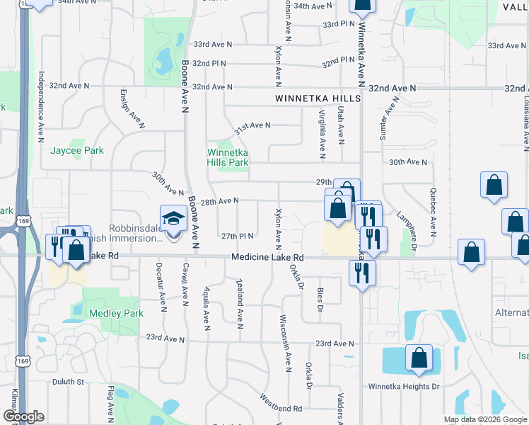map of restaurants, bars, coffee shops, grocery stores, and more near 2741 Xylon Avenue North in Minneapolis