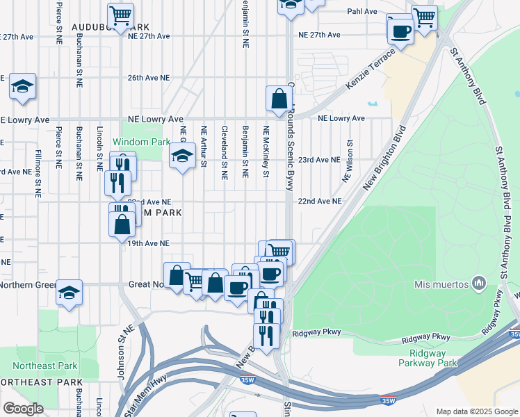 map of restaurants, bars, coffee shops, grocery stores, and more near 1941 Northeast McKinley Street in Minneapolis