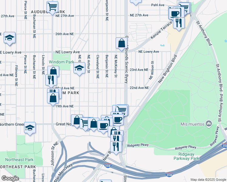 map of restaurants, bars, coffee shops, grocery stores, and more near 1941 Northeast McKinley Street in Minneapolis