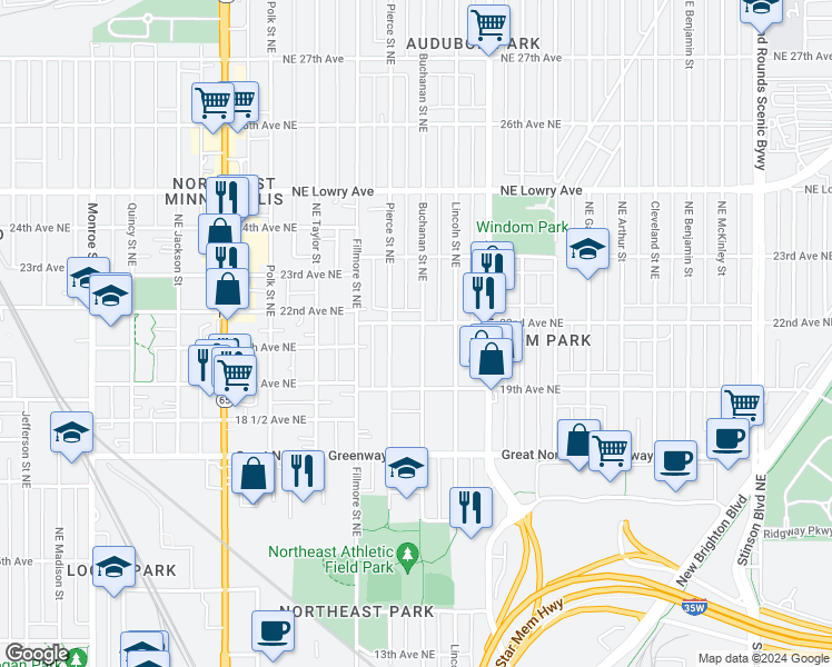 map of restaurants, bars, coffee shops, grocery stores, and more near 1934 Buchanan Street Northeast in Minneapolis