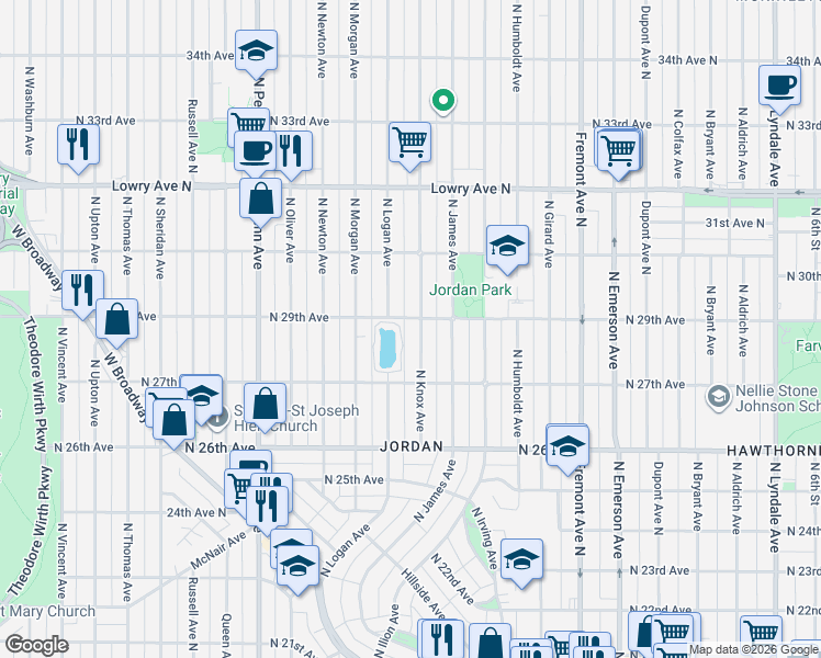 map of restaurants, bars, coffee shops, grocery stores, and more near 2810 North Logan Avenue in Minneapolis