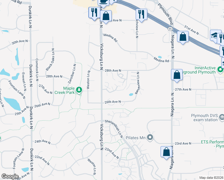 map of restaurants, bars, coffee shops, grocery stores, and more near 15809 27th Avenue North in Plymouth