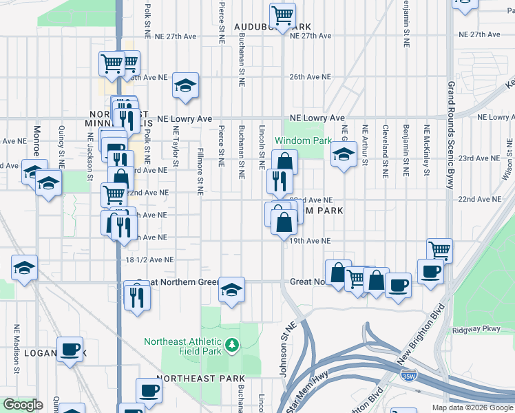 map of restaurants, bars, coffee shops, grocery stores, and more near 1942 Lincoln Street Northeast in Minneapolis