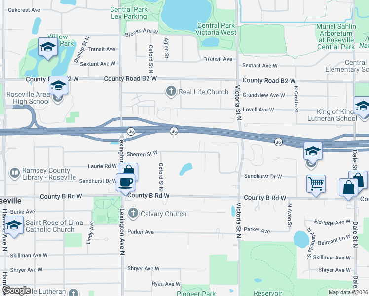 map of restaurants, bars, coffee shops, grocery stores, and more near 974 Sherren Street West in Roseville