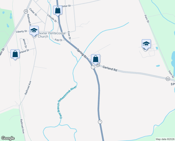 map of restaurants, bars, coffee shops, grocery stores, and more near 429 Garland Road in Dexter