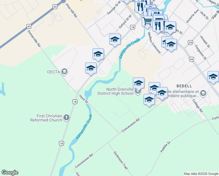 map of restaurants, bars, coffee shops, grocery stores, and more near 17 Maric Trail in Kemptville
