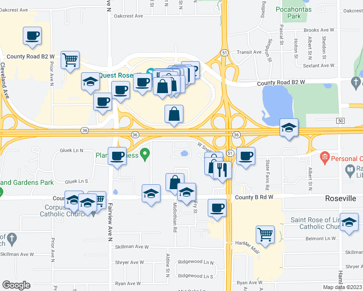 map of restaurants, bars, coffee shops, grocery stores, and more near 1620 South Highway 36 Service Drive in Roseville