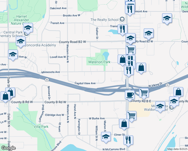 map of restaurants, bars, coffee shops, grocery stores, and more near 259 Capitol View Circle in Roseville