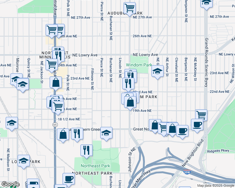 map of restaurants, bars, coffee shops, grocery stores, and more near 1934 Lincoln Street Northeast in Minneapolis