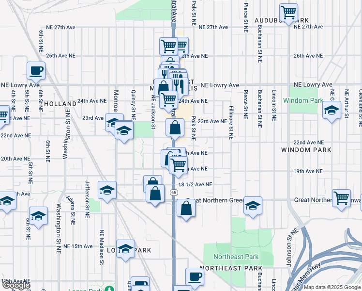 map of restaurants, bars, coffee shops, grocery stores, and more near 957 20th Avenue Northeast in Minneapolis