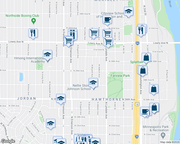 map of restaurants, bars, coffee shops, grocery stores, and more near 2815 North Bryant Avenue in Minneapolis
