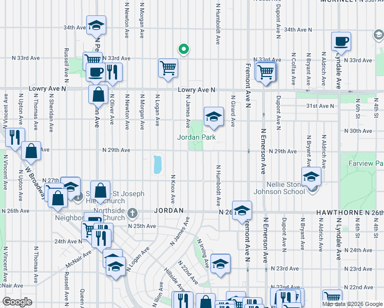 map of restaurants, bars, coffee shops, grocery stores, and more near 2814 North James Avenue in Minneapolis