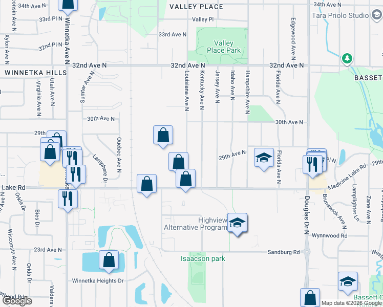 map of restaurants, bars, coffee shops, grocery stores, and more near 2849 Louisiana Avenue North in New Hope