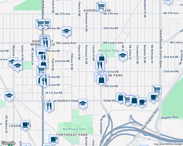 map of restaurants, bars, coffee shops, grocery stores, and more near 1934 Lincoln Street Northeast in Minneapolis