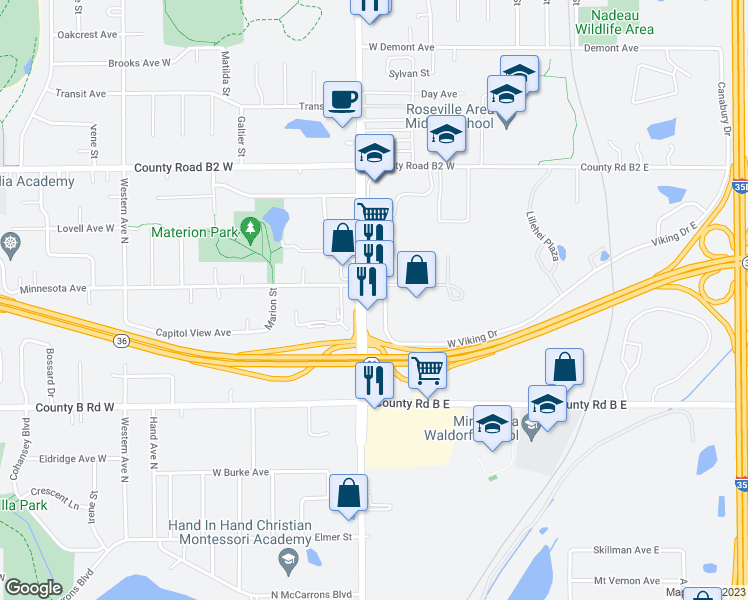 map of restaurants, bars, coffee shops, grocery stores, and more near 2260 Rice St in St Paul