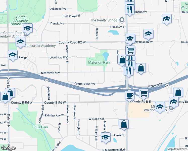 map of restaurants, bars, coffee shops, grocery stores, and more near 259 Capitol View Circle in Roseville