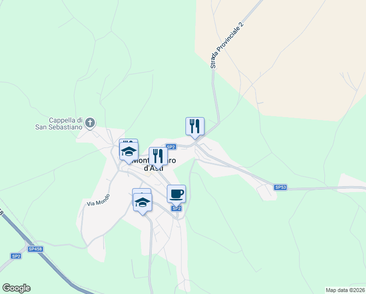 map of restaurants, bars, coffee shops, grocery stores, and more near 56 Via Mairano in Montechiaro d'Asti