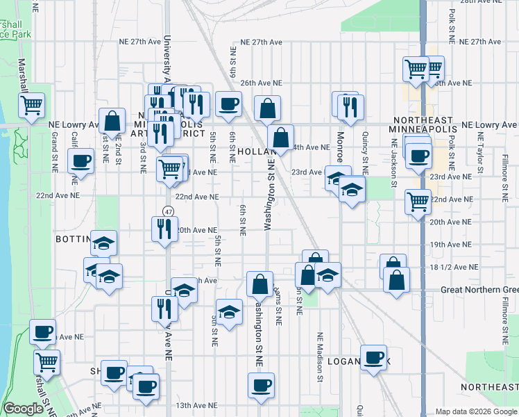 map of restaurants, bars, coffee shops, grocery stores, and more near 2015 6th Street Northeast in Minneapolis