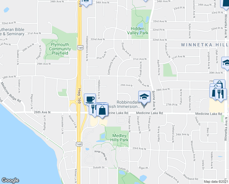 map of restaurants, bars, coffee shops, grocery stores, and more near 2801 Flag Avenue North in Minneapolis