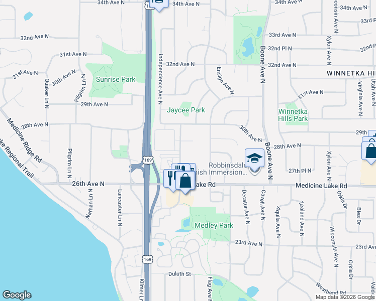map of restaurants, bars, coffee shops, grocery stores, and more near 2800 Hillsboro Avenue North in Minneapolis